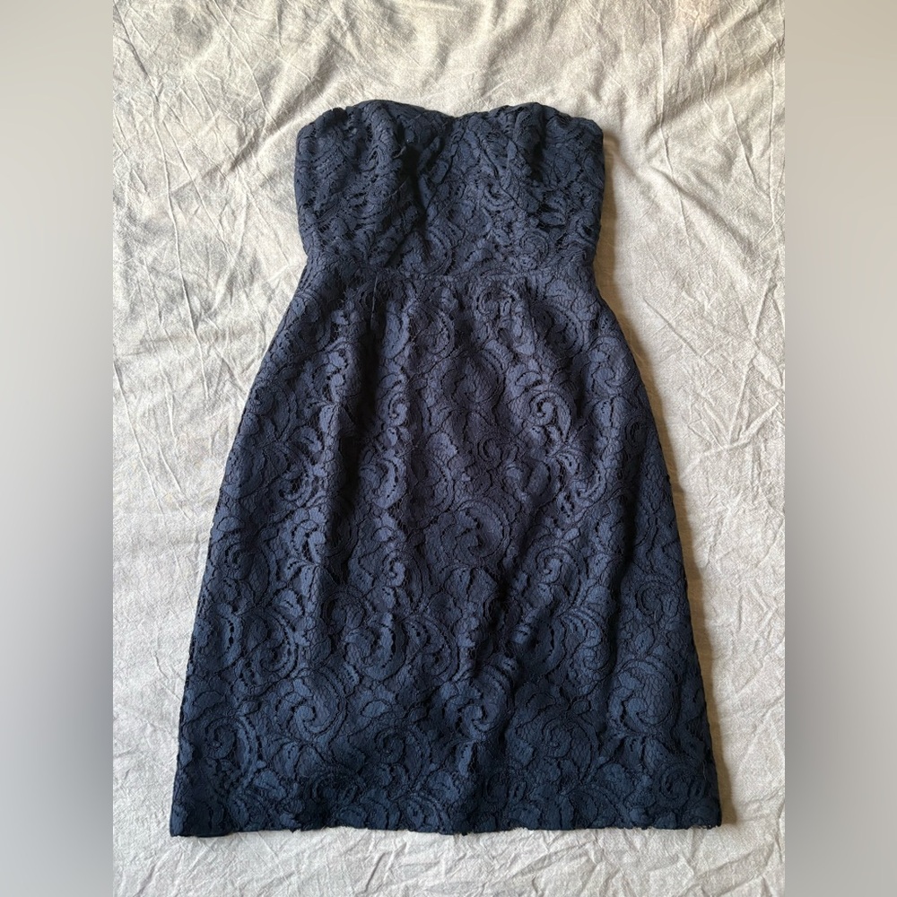 J.Crew Kelsey Leavers Lace Strapless Cocktail Formal Dress Navy Blue Size 0